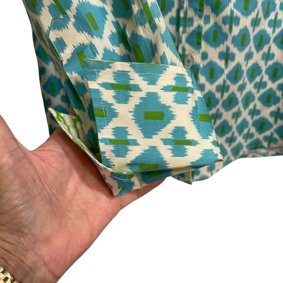 Tizzie Cotton Poplin Ikat Print Turquoise & Chartreuse Button Up Shirt Blouse M - Picture 6 of 8